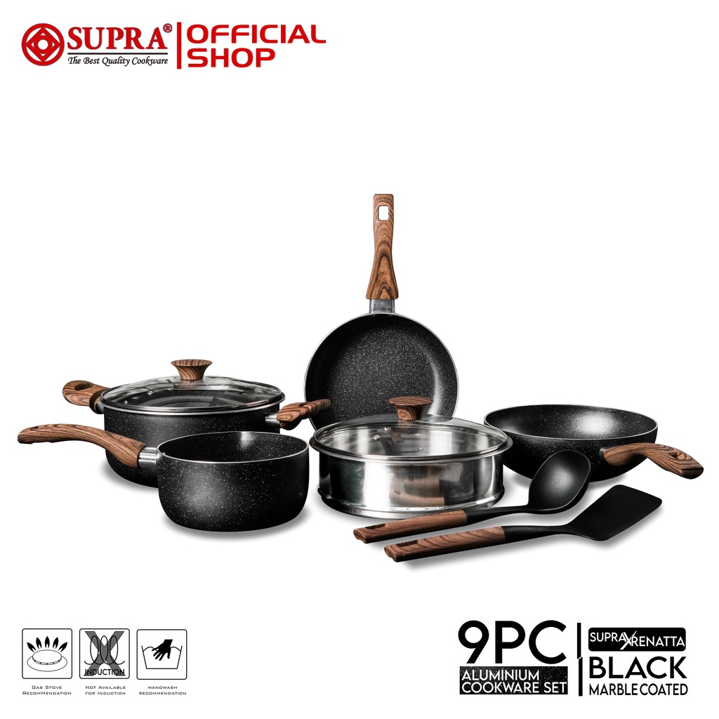 Panci Supra 9 Black Marble Set Alumunium Anti Lengket Renatta Moeloek Signature 9 Pcs Marble Coated