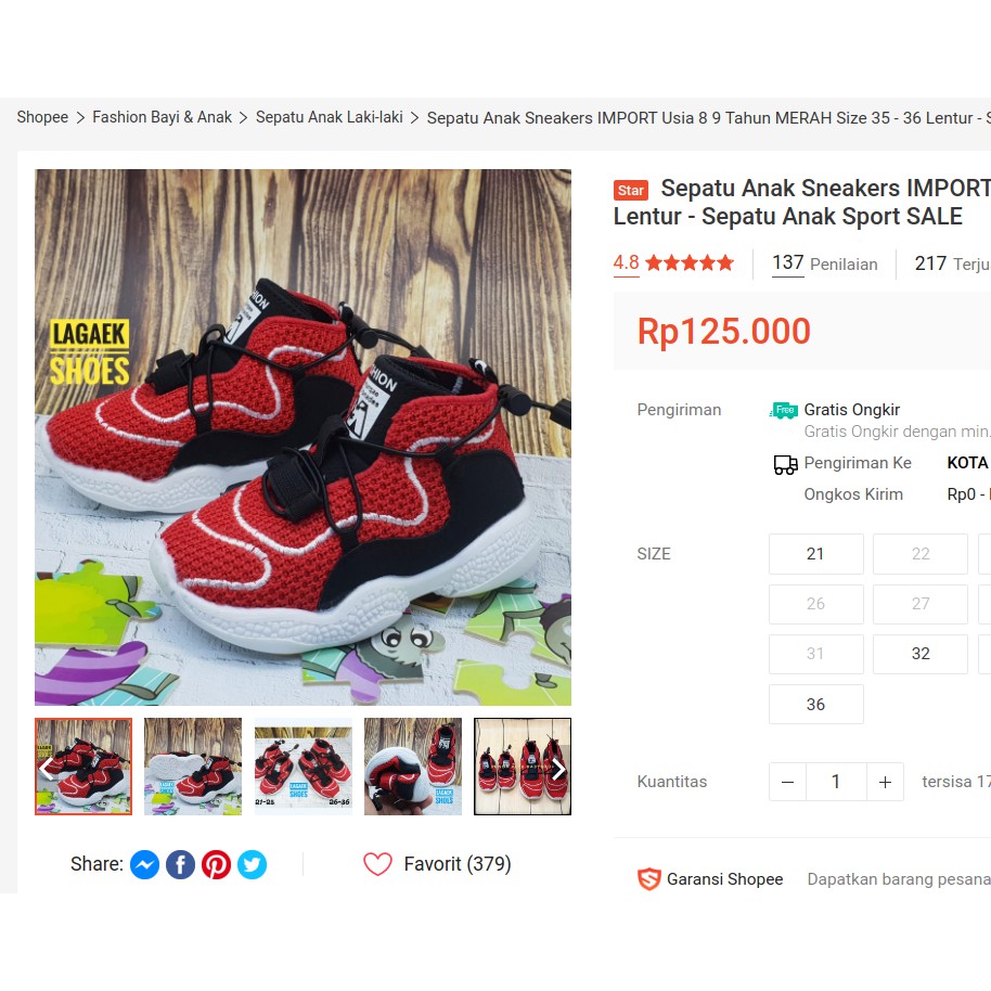 Sepatu Anak Laki Laki IMPORT Usia 1 2 8 9 Tahun MERAH Sneakers Size 21 35 Lentur - Sepatu Anak Sport