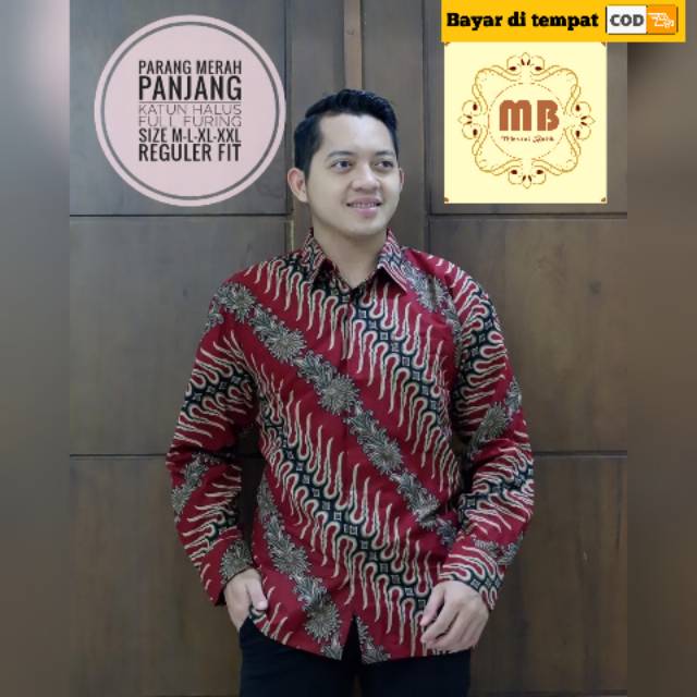 Kemeja batik pria modern, baju batik pria lengan panjang, batik cowok parang merah ukuran XXL XL L M
