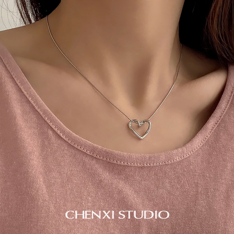 Kalung Rantai Choker Liontin Hati Warna Silver Untuk Wanita