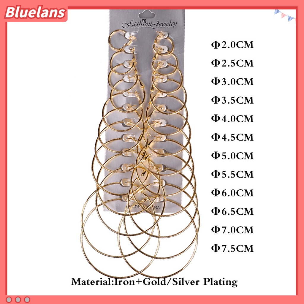 12 Pasang / Set Anting Bulat Lapis Silver 12 Ukuran Untuk Pesta Malam