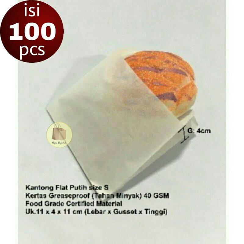 

Kantong Kertas Flat Putih Tahan Minyak S 11x4x11 cm (isi 100 pcs)
