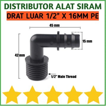 ELBOW MALE THREAD 1/2 X 16MM ADAPTER UNTUK PVC KE SELANG PE 13 X 16