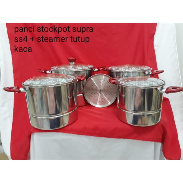 Panci stockpot supra susun 4 tutup kaca + steamer ( kukusan )