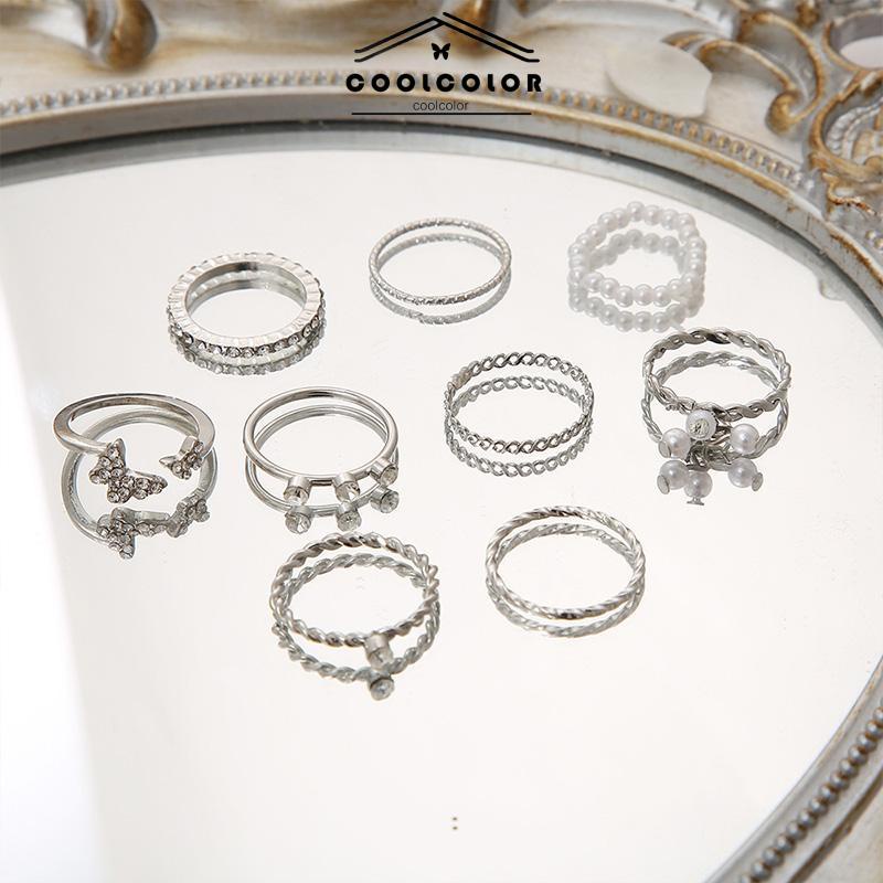 Murah❤️9Pcs/Set Cincin Kupu-kupu Berlian Mutiara Kristal Ring Set Retro Korea Terbuka Fashion Perhiasan Aksesoris Ready Stock