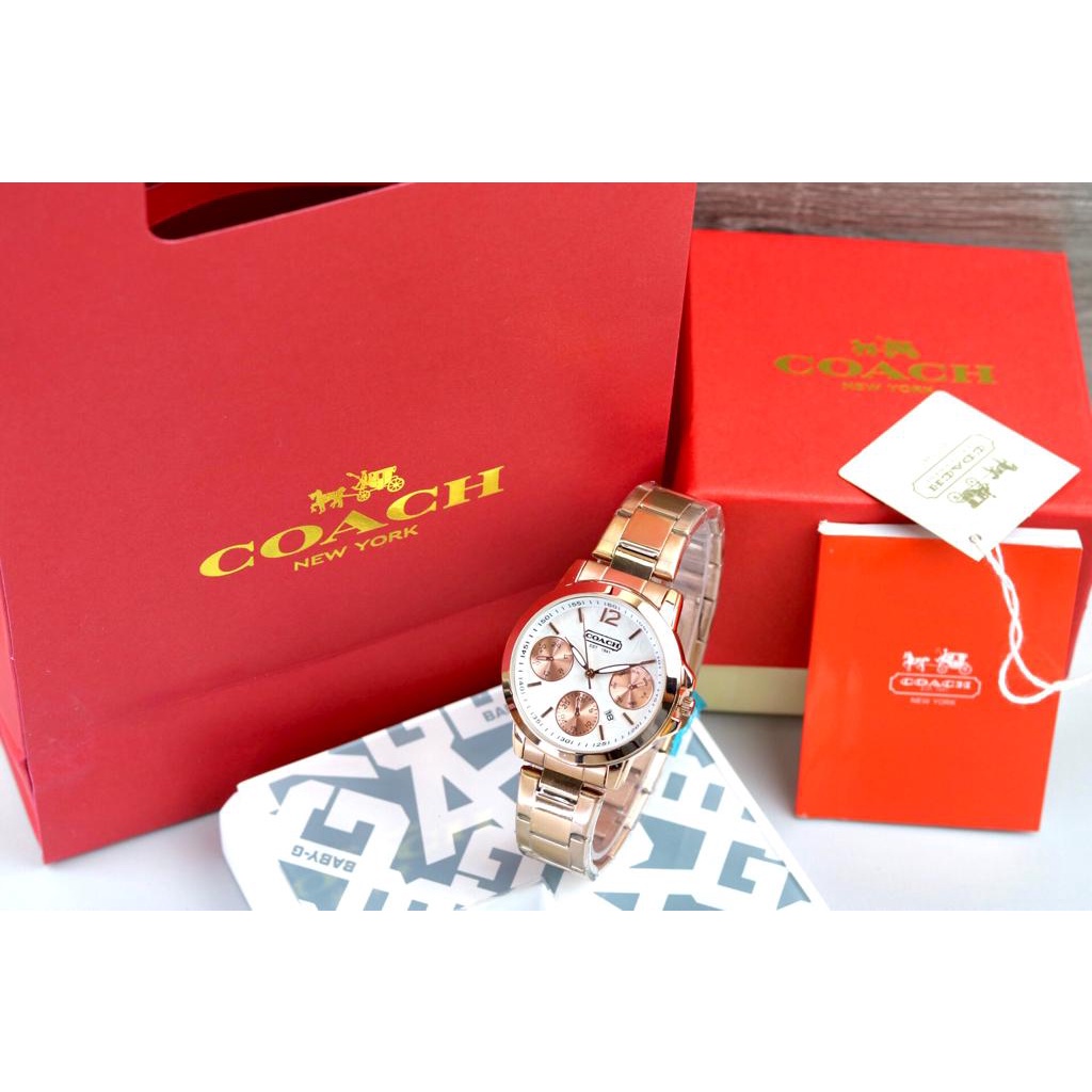 ( Bisa Cod ) Jam Tangan Wanita Coach C0125UI Tanggal Aktif Tali Rantai Free Box Original , Paperbag 