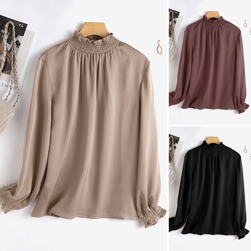 ZANZEA Retro Women Fashion Tops Blouse Solid Color Full Sleeve Turtleneck Casual Holiday Shirt