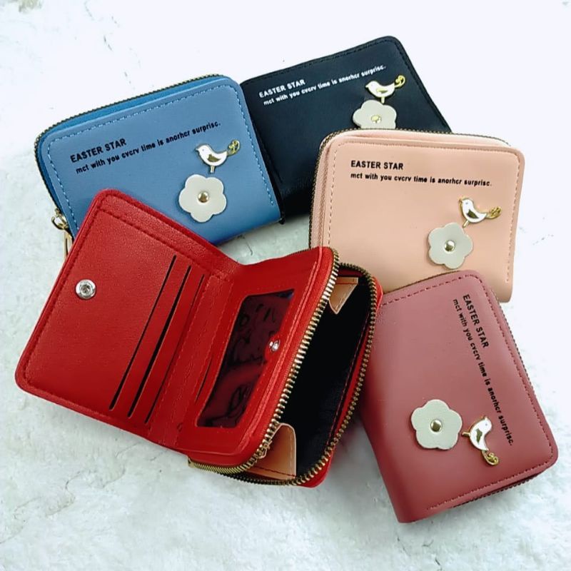 {HM} COD Dompet Wanita cewek Prempuan Pendek Reseleting Burung Bunga Kartu Kecil Korea Import Koin