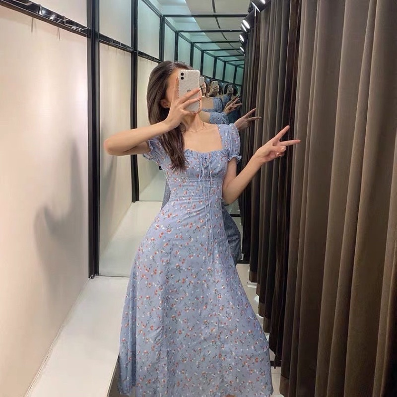 D132- Korean Blue Midi Dress Vintage Motif Flower Square Neck-4