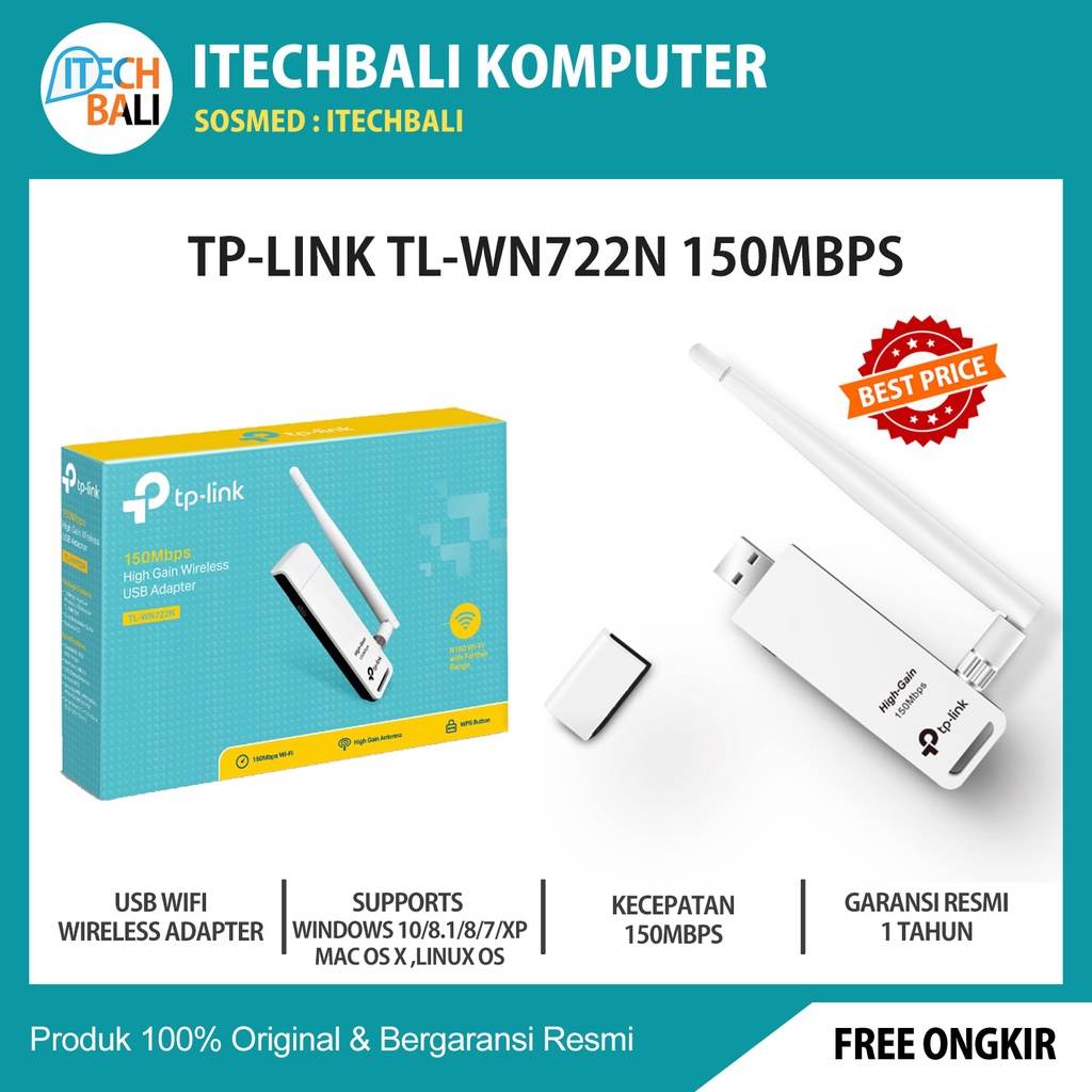 Usb Wifi Adapter TP-LINK TL-WN722N 150Mbps Wireless High Gain | ITECHBALI