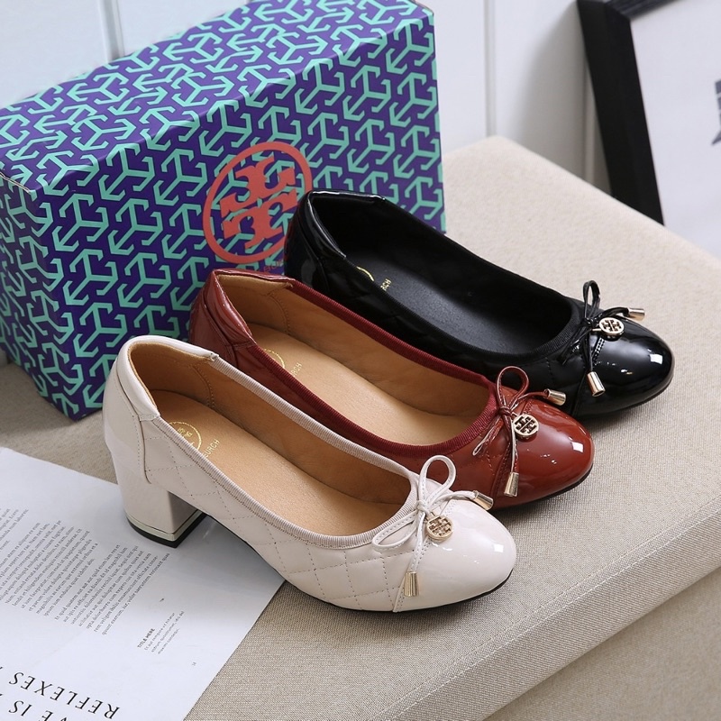 Leather chunky heels 6cm mix soft motive by Tory Burch import high quality fashion shoes sepatu wani