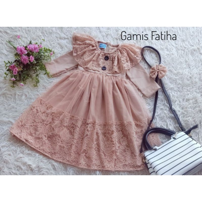 Gamis Fatiha Brukat Anak Warna Coklat Susu Ukuran 1-10 tahun Baju Muslim Anak Couple Lebaran