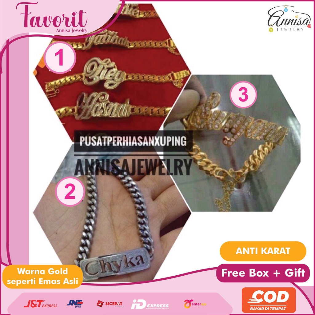 Gelang nama 2 warna lapis emas gold / putih standar