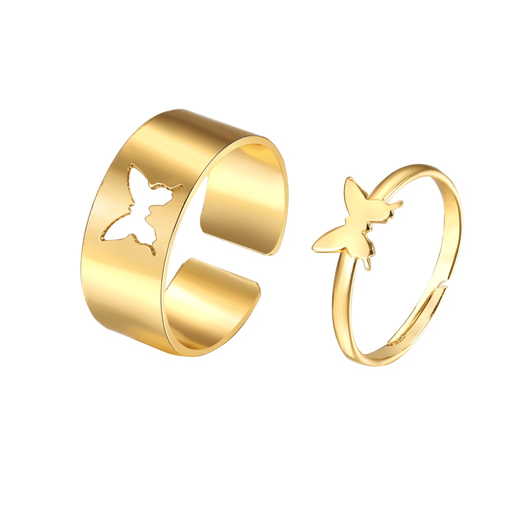 2pcs / Set Cincin Model Terbuka Desain Kupu-Kupu Hollow Untuk Pasangan