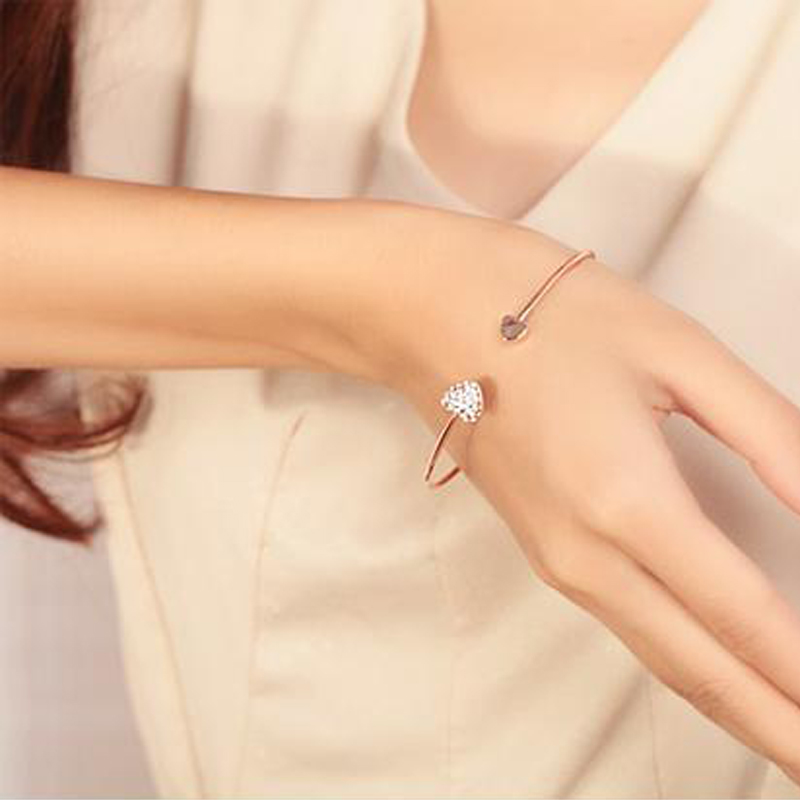 Korean Diamond Heart-shaped Love Bracelet Open Gold Silver Plated Bangles Jewelry