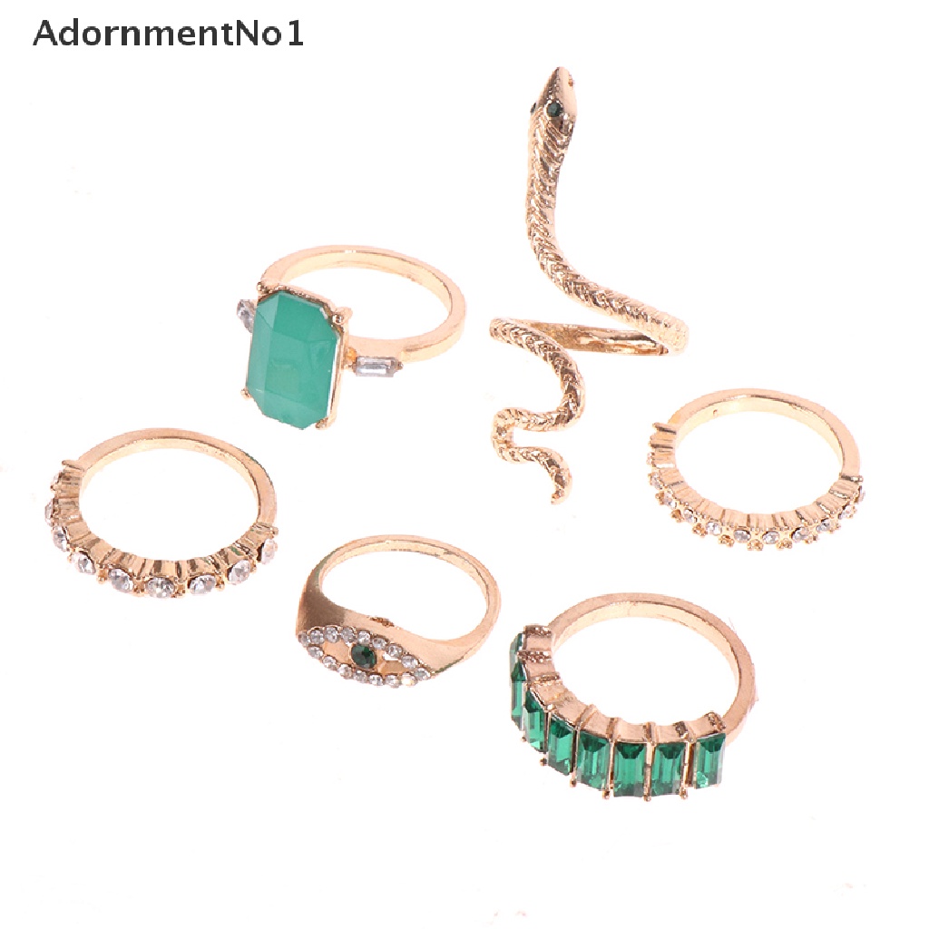 (AdornmentNo1) 6pcs / set Cincin Vintage Adjustable Bentuk Ular Aksen Kristal + Berlian Imitasi Untuk Wanita