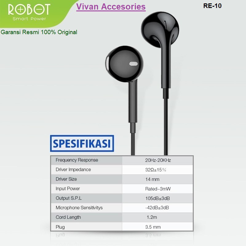 Headset Earphone Handsfree Robot RE10 Stereo Bass 3.5mm / RE-10