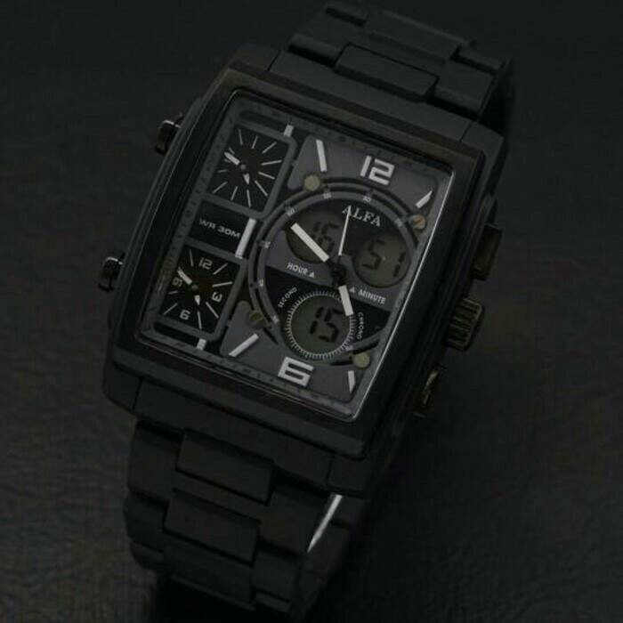 Jam Tangan Pria Alfa Four Time Original Rantai Full black List Putih