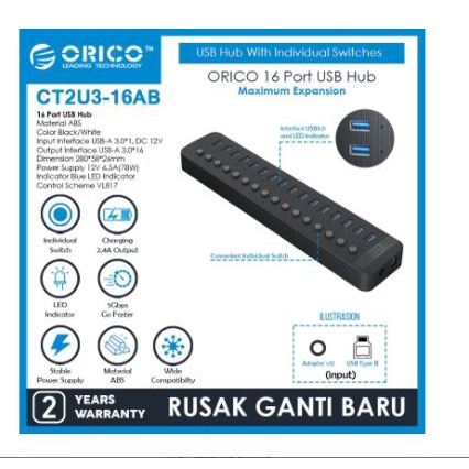 Usb 3.0 hub Orico 16 Port industrial on off Switch ABS 5Gbps Adapter ct2U3-16ab - Terminal usb3.0 16 slot saklar