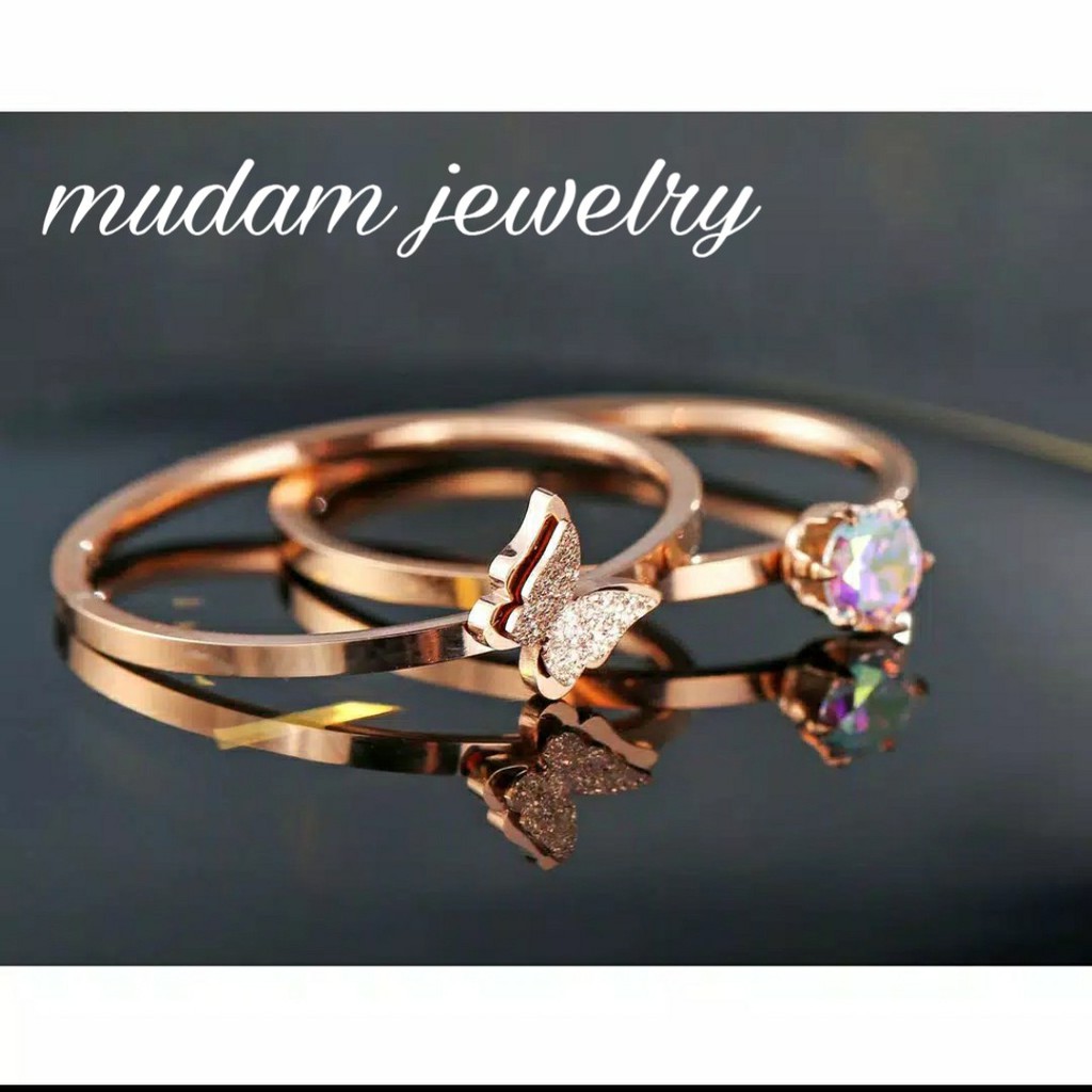 Cincin Titanium Mini Aksen Kupu - Kupu 2 in 1 Dengan Zirkan Rose Gold, Gold dan Silver