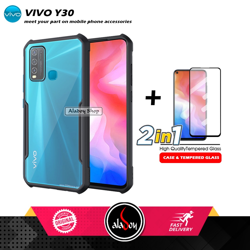 PAKET 2 IN 1 Case Vivo Y30 Armor Fusion Transparent Prmium Casing Free Tempered Glass