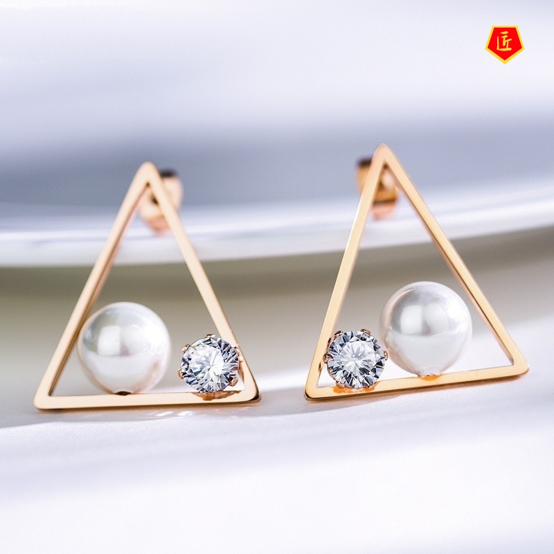 [Ready Stock]Simple Triangle Rhinestone Pearl Ear Studs High Profile Fashion