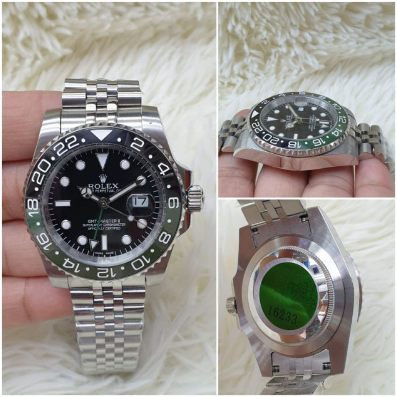 Jam Tangan Rolex GMT Black Green Rantai Silver Automatic