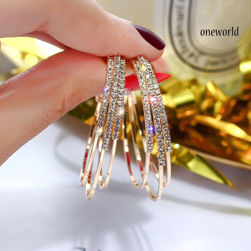 OW@ Women Exquisite Rhinestone Hoop Earrings Triple Layer Circle Piercing Jewelry