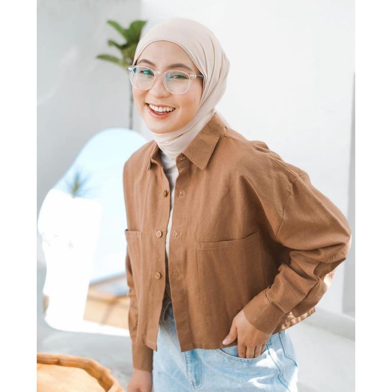 Kayshop - Outer shirt crop Pocket / kemeja crop linen lengan panjang / kemeja polos murah / baju ata