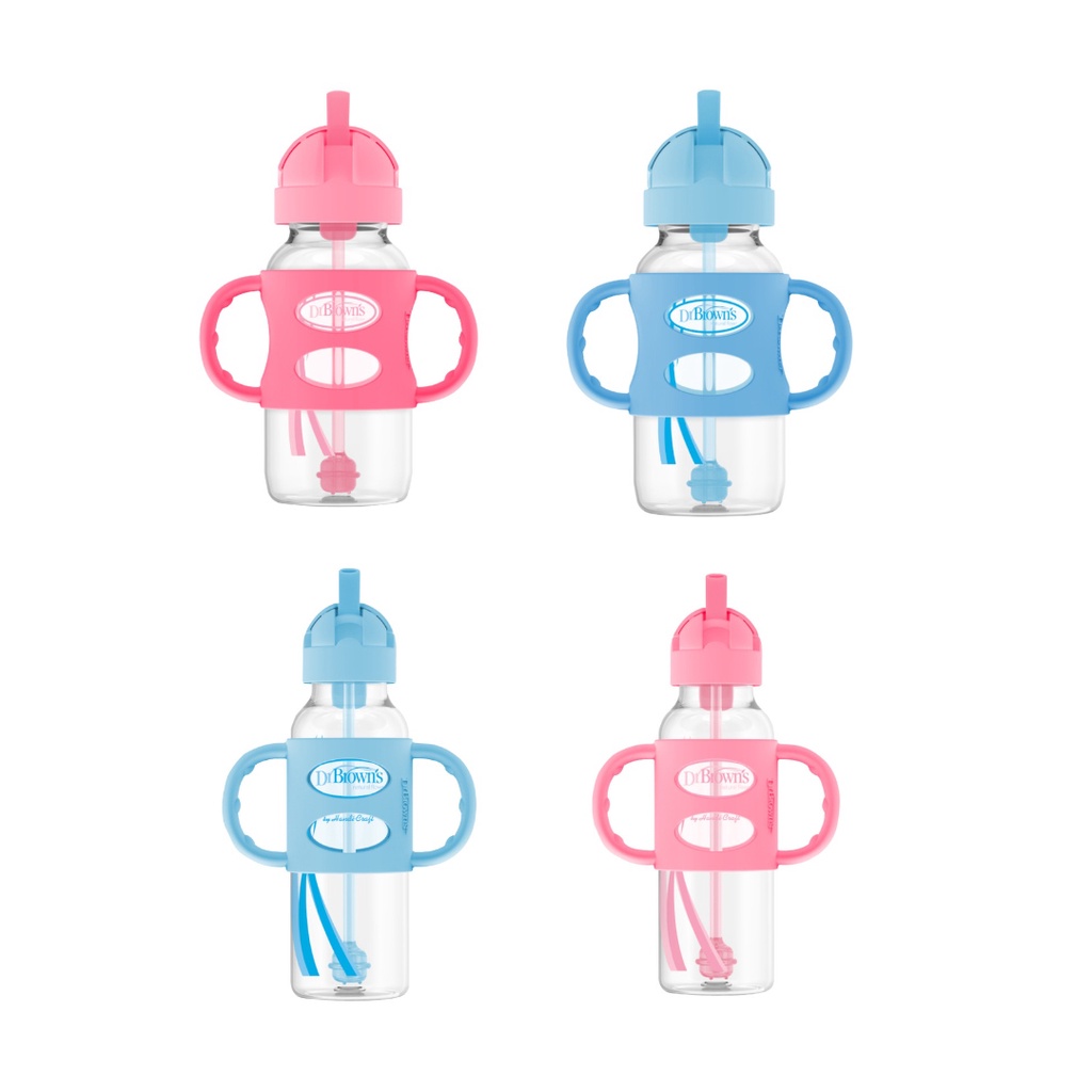 Dr. Brown's 8 oz/9 oz PP Sippy Straw Bottle w/ Silicone Handles, Pink/Blue 1-Pack