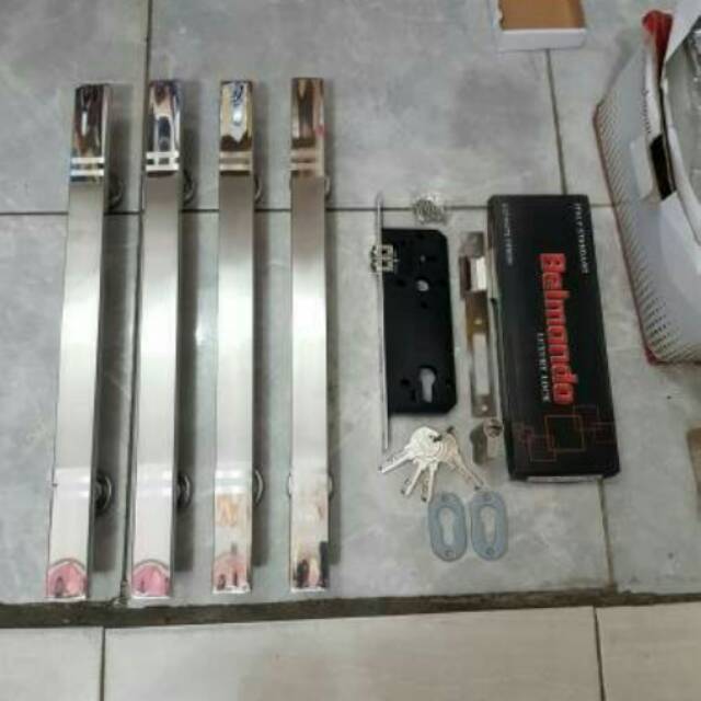 Handle pintu stainless 2 set + kunci pelor