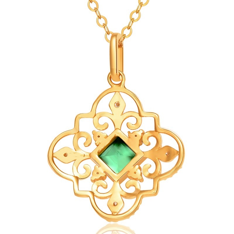 [Ready Stock]Fashion Gold-Plated Diamond Flower Emerald Pendant Necklace