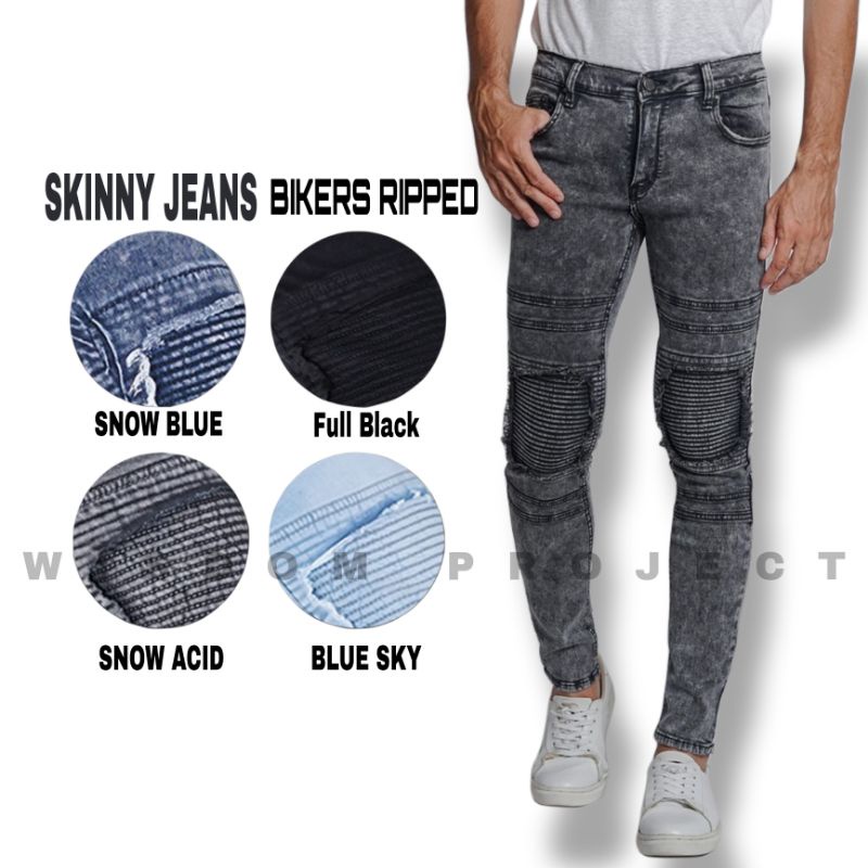 WISDOM - Skinny Jeans Bikers Pria Celana Jeans Sobek Ripped Pria | Full Softjeans Stretch