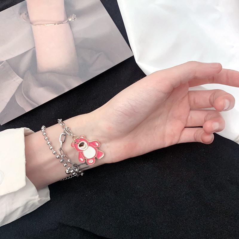 Gelang Double Layer Motif Kartun Beruang Strawberry Gaya Korea Untuk Wanita