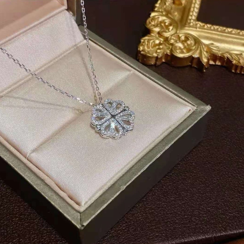 Kalung Titanium Korea Semanggi Hati Emas 18k Berlian 2 Cara Memakai Perhiasan-silver
