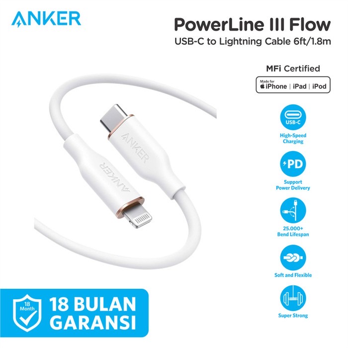 Anker Cable Charger PowerLine III Flow Type C to Lightning 6ft (1.8m) - SKU : A8663 - Garansi Resmi 18 Bulan