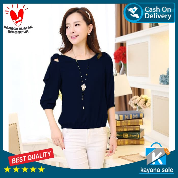 Blus Tangan 3/4 Gaya Korea Variasi Pita pundak Blus Slim - Blouse wanita anti keringat
