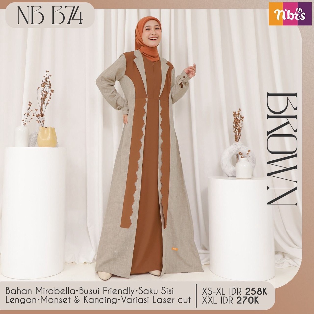Nibras NB B74 Baju Gamis Wanita Dewasa Bahan Mirabella Busui Friendly Warna Maroon, Brown, Dan Purple/Dress Simpel Dan Elegan.