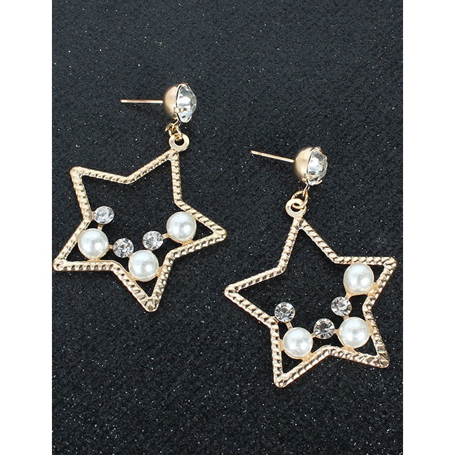 LRC Anting Tusuk Fashion Golden Imitation Pearl Alloy Five-pointed Star Diamond Earrings K44379