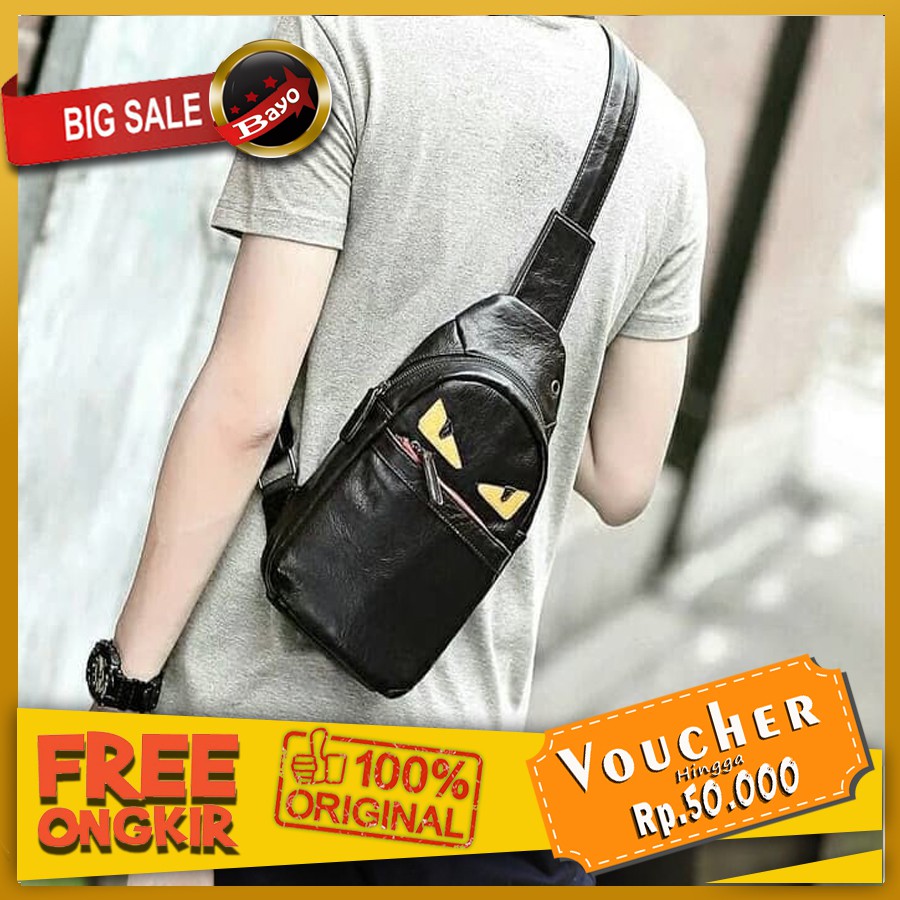 sling bag tas cowok tas selempang pria hitam muat tablet 7 inch kulit real pic