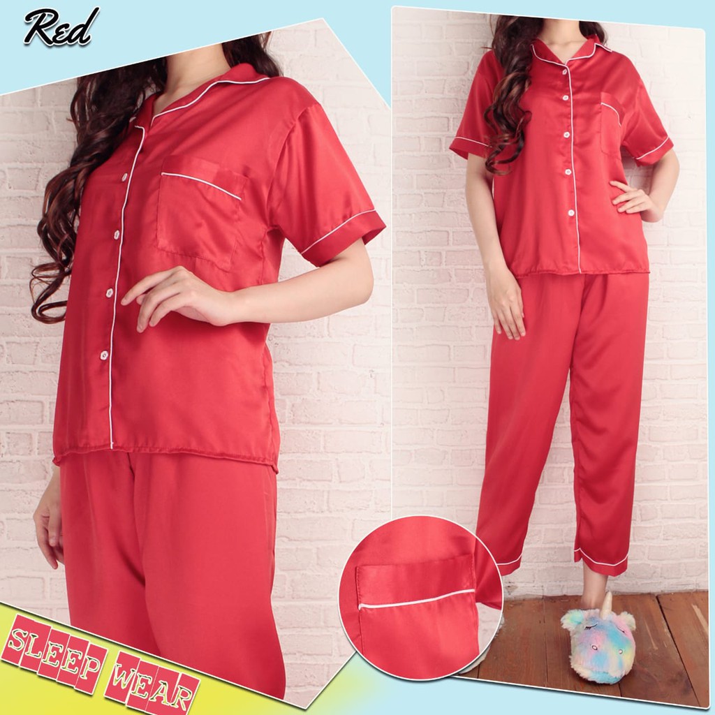 Piyama Pajamas Saten Sleepwear  Stelan Baju Tidur Lengan 