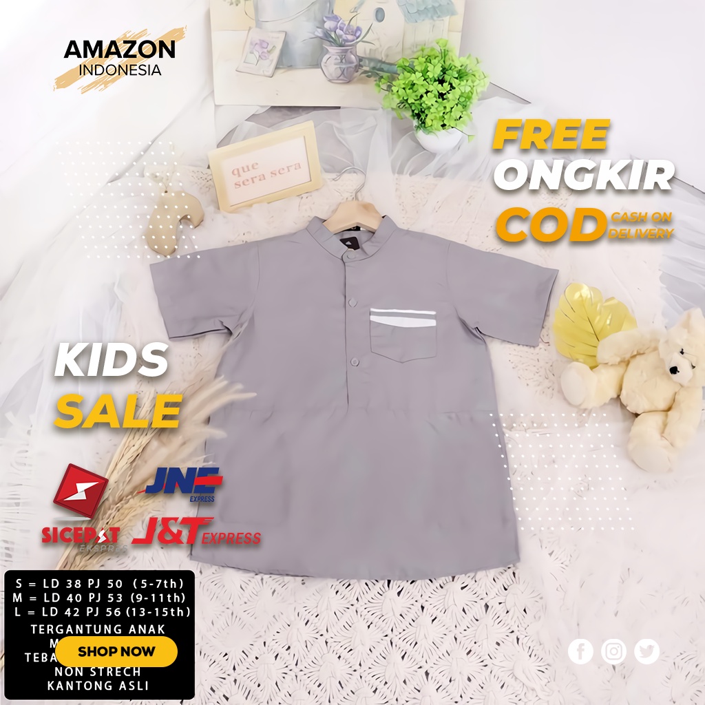 BAJU KOKO PAKAIAN MUSLIM ANAK LAKI LAKI ATASAN MUSLIM LENGAN PENDEK GREY ABU POLOS KATUN TOYOBO DINGIN DIPAKAI