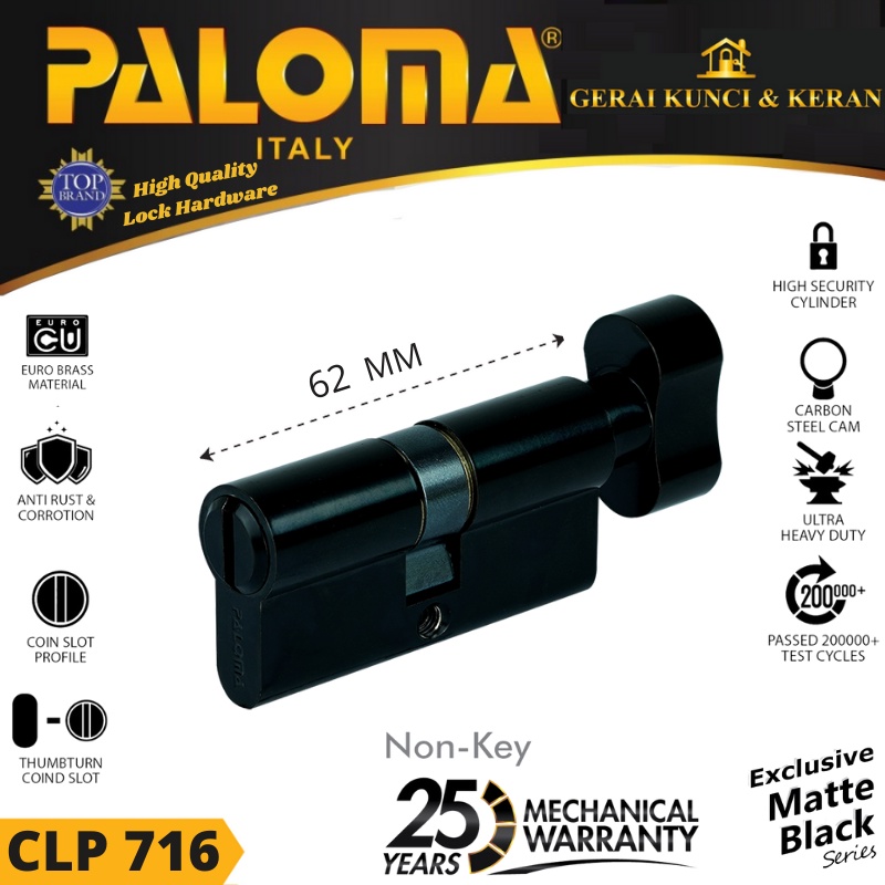 KUNCI Knob Cylinder PALOMA CLP 716 DELUXE 62MM No Key HITAM MATT BLACK