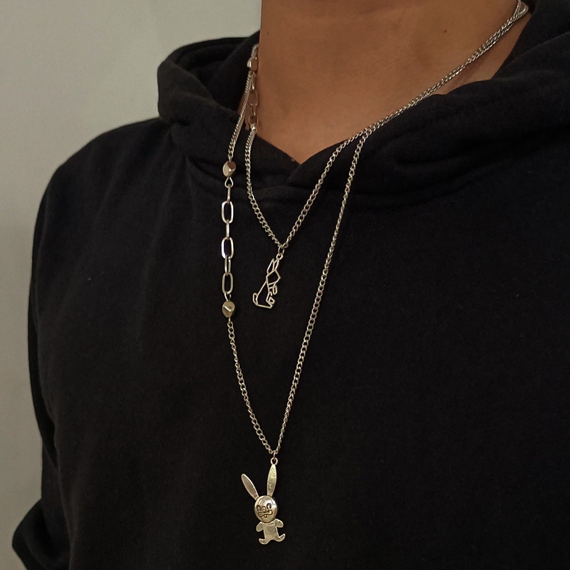 Eropa dan Amerika retro kelinci kalung liontin selebriti Internet hip hop double layer kalung temper