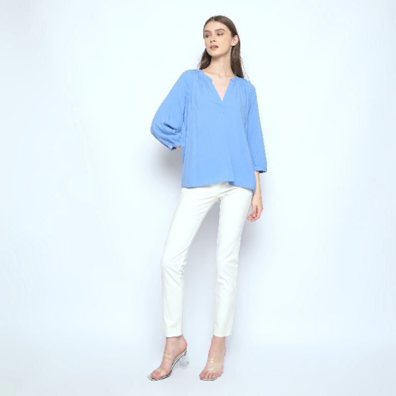 Langit Tekstur - Blouse Lengan Panjang - Atasan Wanita V Neck - Formal Kasual - Katun Biru Polos