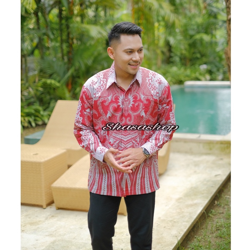 Kemeja Batik Pria DEWATA MERAH FULL FURING Katun Halus Ori Solo