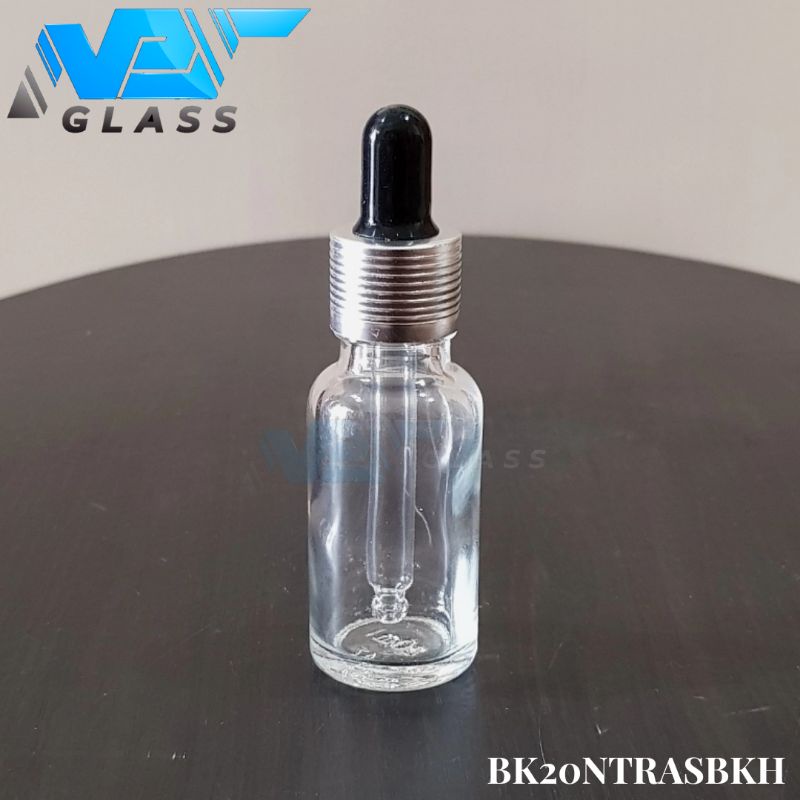 botol kaca pipet 20ml bening tebal - ring almunium silver bergaris