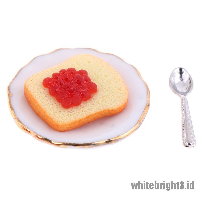 (white3) 3pcs / set Miniatur Piring + Sendok Roti Panggang Skala 1: 12 Untuk Aksesoris Rumah Boneka