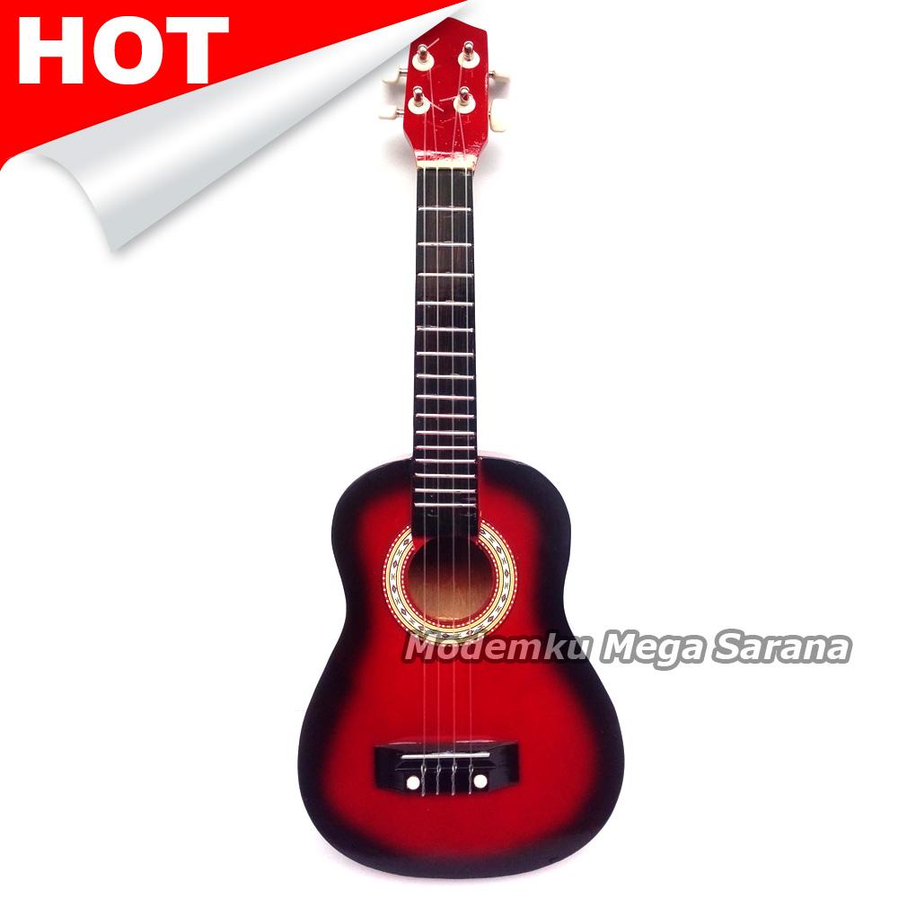 Gitar Ukulele | Gitar Mini | Kentrung 4 Senar | Ukuran 58x21x8 cm - Merah Tua [Packing Kayu]