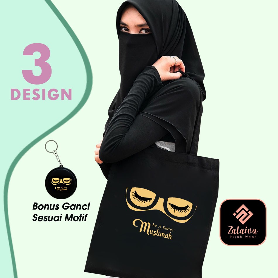 ZALAIVA Totebag Wanita Muslimah Tote Bag Resleting Syari Bahan Kain Drill Motif Niqab